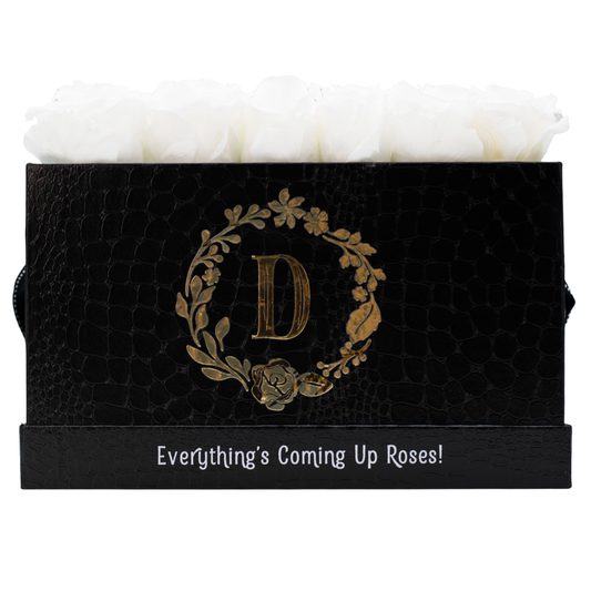 Black Monogrammed Keeper by the Dozen- 12 True White Roses