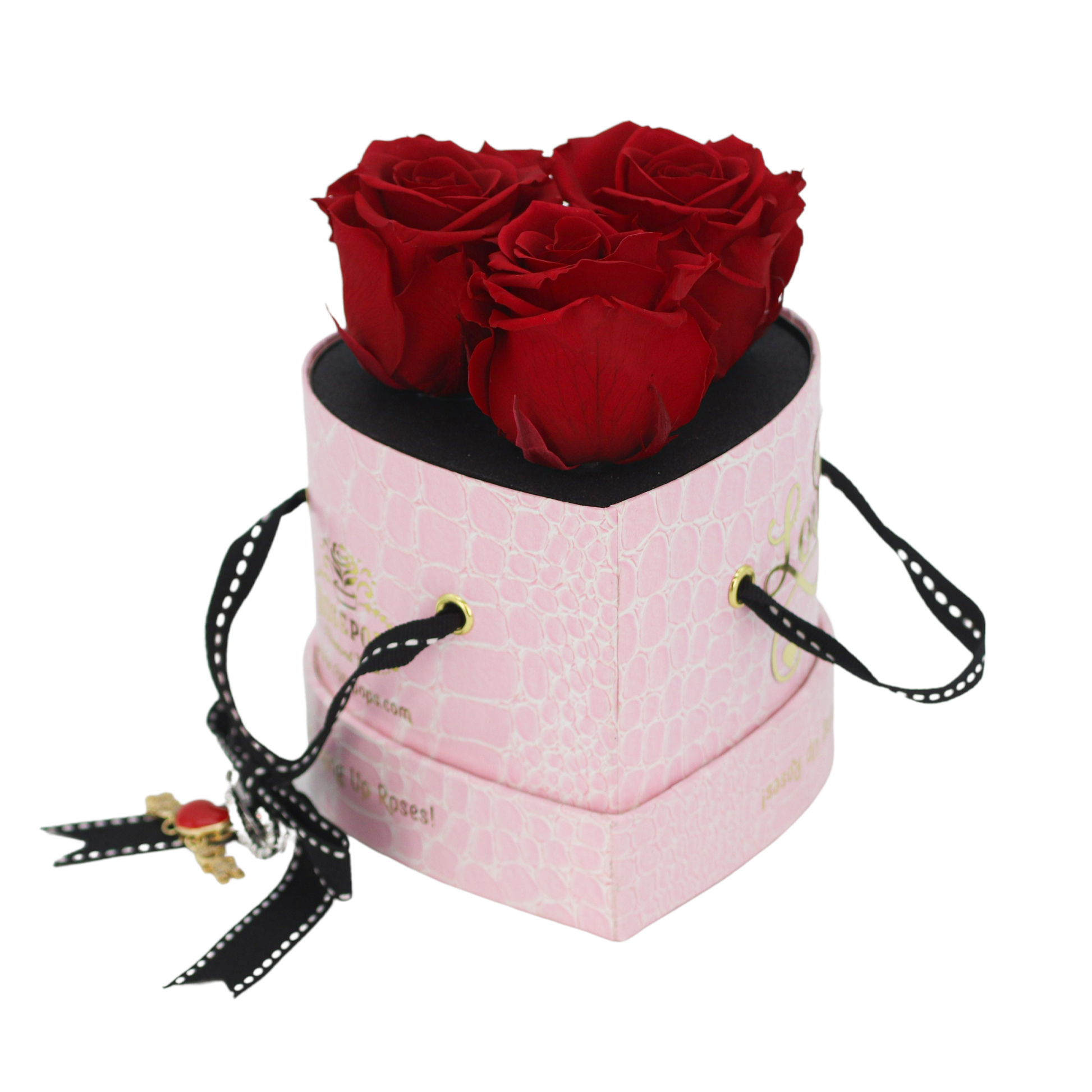 Three Preserved Roses in Pink Heart Shaped Box by Rosepops