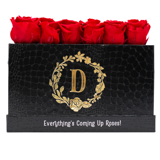 Black Monogrammed Keeper by the Dozen - 12 Red Roses