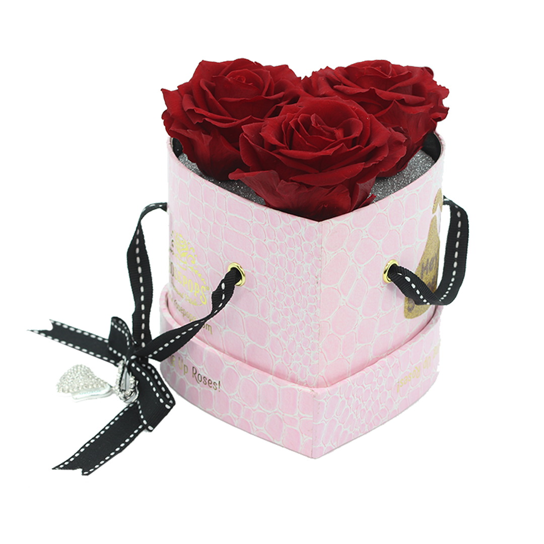 Three Preserved Roses in a Heart Shaped Box - with a hershey kiss charm