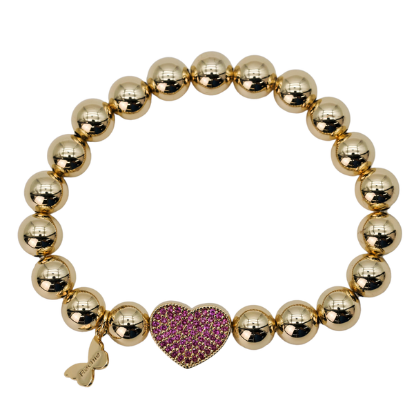 Gold Pave Heart Bracelet Pink String